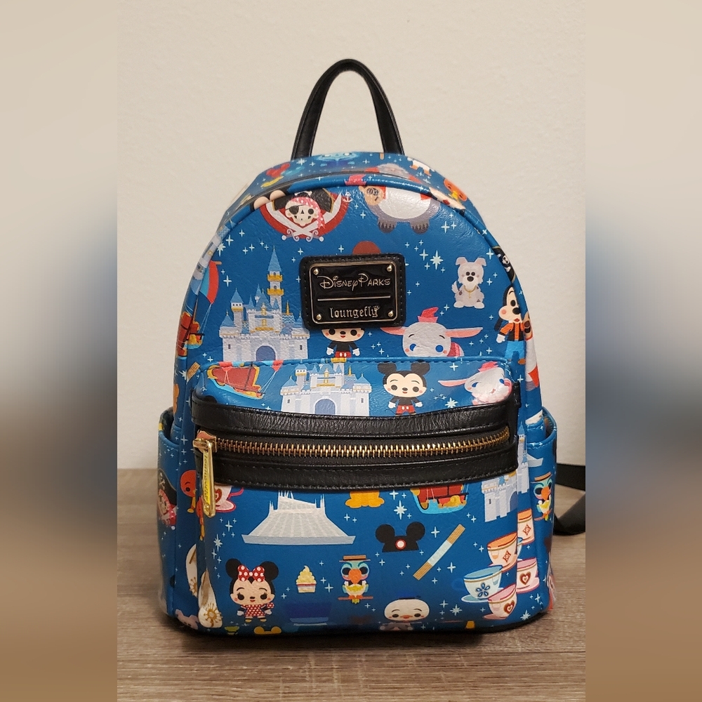 Loungefly x Disney Parks Blue Park Attractions And Characters Mini Backpack